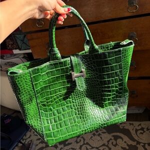 Green Crocodile-Embossed Tote Bag